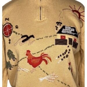 Vtg Embroidered 90s Yellow Sweater Chicken Country 1/4 Zip Grandmacore Knit M